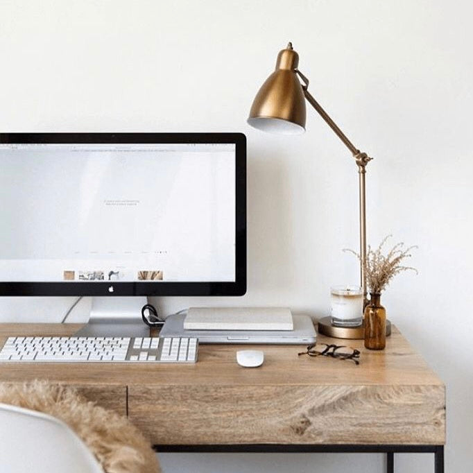 wood standing desk setup