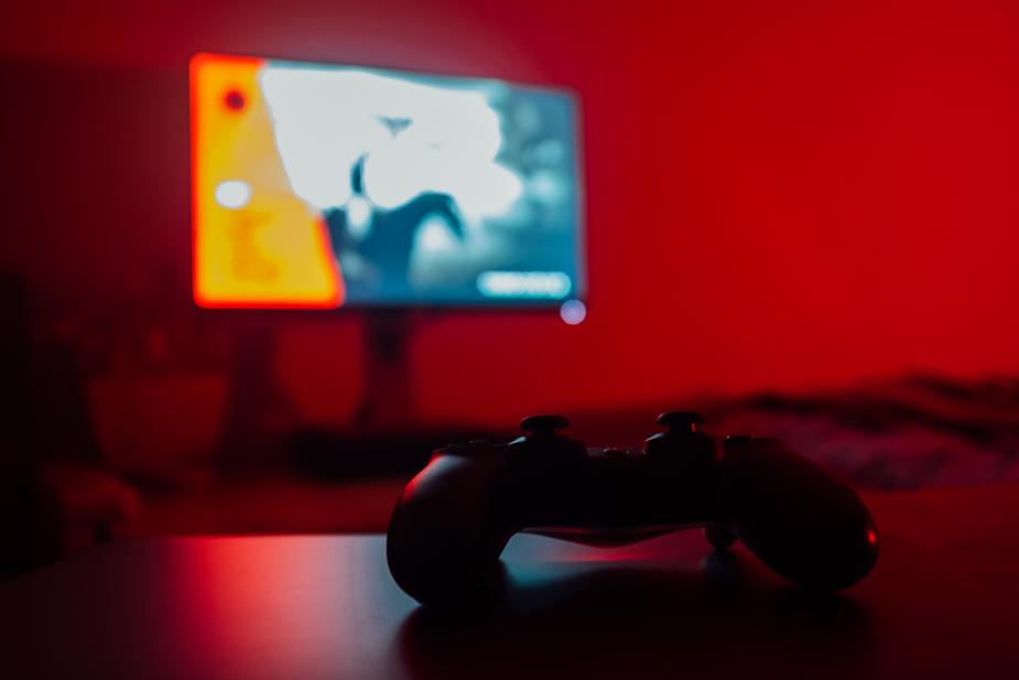 Video game controller on standing desk